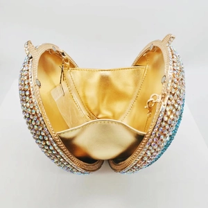 Spherical gradient rhinestone evening clutch with moon flower pattern and gold chain