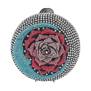 Luxury round evening clutch with crystal floral rose pattern and crescent moon design
