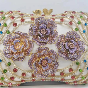 Luxury gold evening clutch bag with colorful rhinestone 3D rose flower pattern