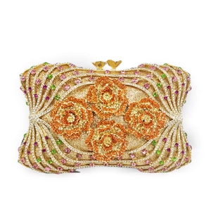 Luxurious gold evening clutch bag with colorful rhinestones and floral pattern