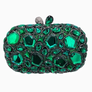 Pochette de soirée luxe en cristaux verts avec fermoir feuille et cadre en métal
