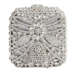 Luxurious silver square evening clutch bag with intricate 3D floral rhinestone patterns