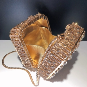 Luxury gold hollow evening clutch bag with sparkling rhinestones and chain strap