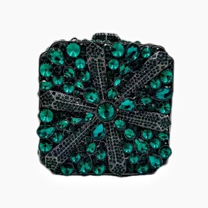 Emerald square rhinestone clutch bag with luxury floral starburst pattern and metal clasp