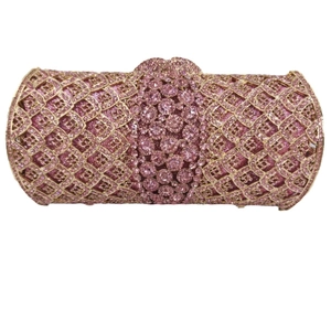 Pochette de soirée cylindrique avec strass roses et maille métallique dorée ajourée