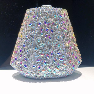 Trapezoidal silver diamond evening clutch with colorful floral rhinestone patterns