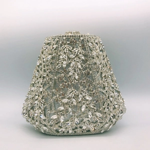 Elegant silver flower diamond clutch bag with floral metal hollow design for evening parties