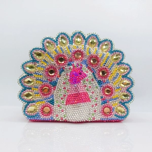 Peacock Shape Rhinestone Evening Clutch Bag Colorful Crystal Party Purse With Metal Chain For Women