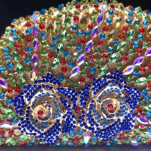Luxurious D-shape rose evening clutch bag with colorful rhinestones and gold metal