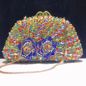 Luxurious D-shape evening clutch with colorful crystals and blue rose pattern