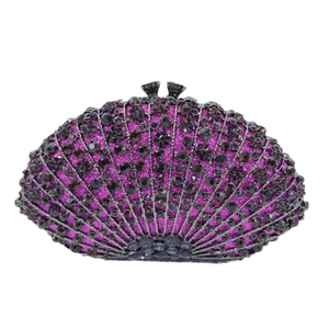 Elegant purple fan-shaped evening clutch bag with sparkling crystals for gala parties