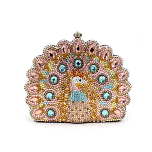 Elegant peacock evening clutch bag with colorful rhinestones and gold metal frame
