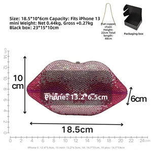 Detailed size chart for the lip-shaped rhinestone clutch bag showing dimensions and phone fit