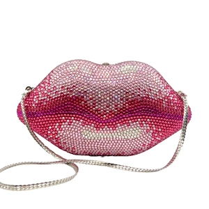 Luxury red lip evening clutch bag with pink gradient rhinestones and silver chain strap