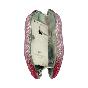 Pink gradient rhinestone lip-shaped evening clutch bag with chain strap and interior view
