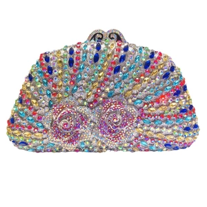 Luxe rose floral crystal clutch bag with vibrant rhinestones and metal closure