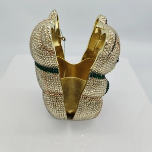 Luxury teddy bear evening bag with sparkling gold rhinestones and metallic interior