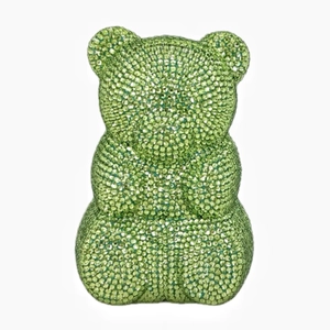 Close-up of light green crystal-encrusted gummy bear shape luxury evening clutch bag
