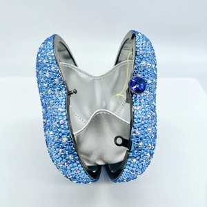 Luxury heart heart-shaped evening clutch bag with sky blue rhinestones and blue gem lock