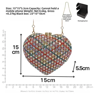 Detail showing colorful rhinestone heart clutch bag dimensions 15x15x5.5cm with gold chain