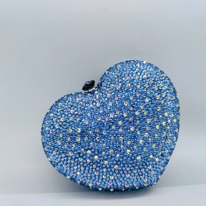 Elegant heart-shaped rhinestone evening clutch bag with sparkling blue crystals and jewel clasp
