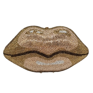 Lip shaped evening clutch bag with sparkling champagne and gold rhinestone crystals