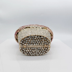 Sparkling pink and white rhinestone evening bag with elegant gold metal frame