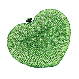 Green heart-shaped evening clutch bag with sparkling rhinestones and crystal clasp
