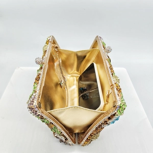 Hollow out floral crystal clutch bag with colorful rhinestones and gold chain strap