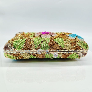 Luxury floral crystal clutch bag with colorful rhinestones and gold metal frame