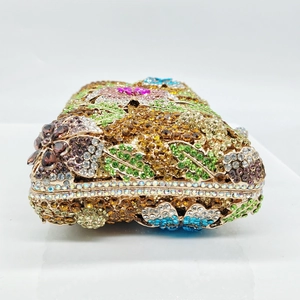 Luxurious floral crystal clutch bag with colorful rhinestones for evening gala and parties