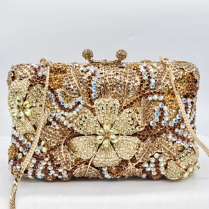 Luxurious champagne gold flower crystal clutch bag with elegant gold chain strap