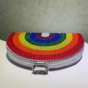 Rainbow rhinestone evening clutch bag with arc design and large crystal clasp