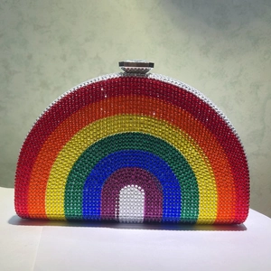 Macro detail of the rainbow gradient rhinestones and large crystal top clasp of the clutch