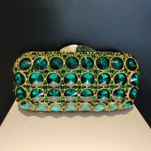 Luxurious emerald green rhinestone evening clutch bag with gold frame and crystal lock clasp
