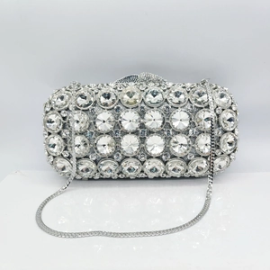 Silver luxury rhinestone evening clutch bag with sparkling crystals and silver chain