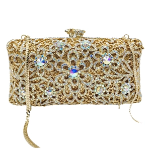 Goldene Abendtasche mit floralem Durchbruchmuster, AB-Kristallen und abnehmbarer Kette