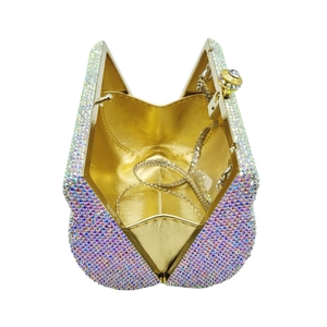 Luxury rainbow rhinestone clutch bag with gold metal frame and fine shoulder chain strap