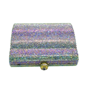 Luxurious rectangular rhinestone clutch bag with iridescent AB crystals and gold metal clasp