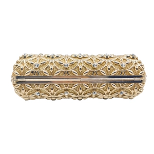 Elegante borsa da sera dorata con strass e motivi floreali in metallo per signora