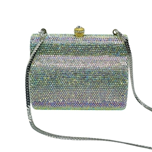 Luxurious rectangular rhinestone clutch bag with iridescent crystals and gold clasp