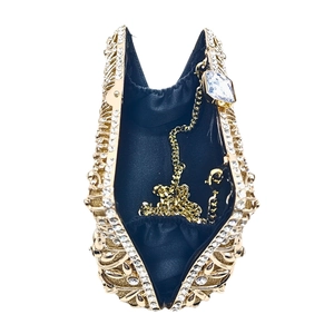 Pochette da sera dorata con strass con fodera blu e catena rimovibile