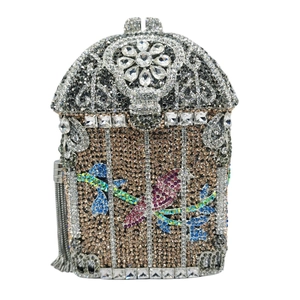 Luxurious birdcage-shaped clutch bag with colorful rhinestones and elegant long tassels