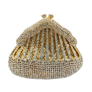 Exquisite rhinestone evening clutch bag with gold metal frame and sparkling crystal accents