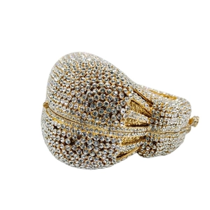 Exquisite pear-shaped evening clutch bag with shimmering white rhinestones and gold frame
