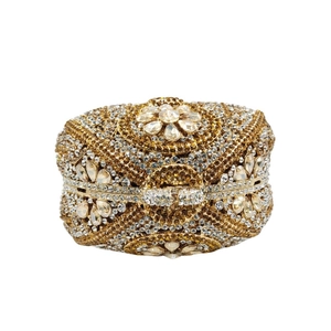 Luxurious gilded birdcage evening clutch bag with sparkling crystals and floral clasp