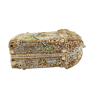 Luxury gilded birdcage clutch bag with sparkling rhinestones and floral pattern