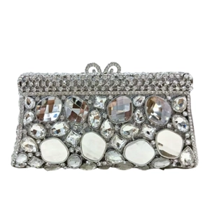 Elegante borsa da sera in metallo argentato con strass e cristalli per cerimonie