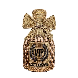Detail of champagne bottle evening bag with sparkling crystals and bow decoration