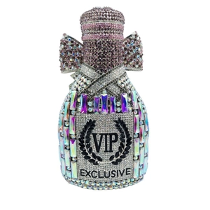 Close-up of champagne bottle evening bag with crystals and VIP EXCLUSIVE embroidery